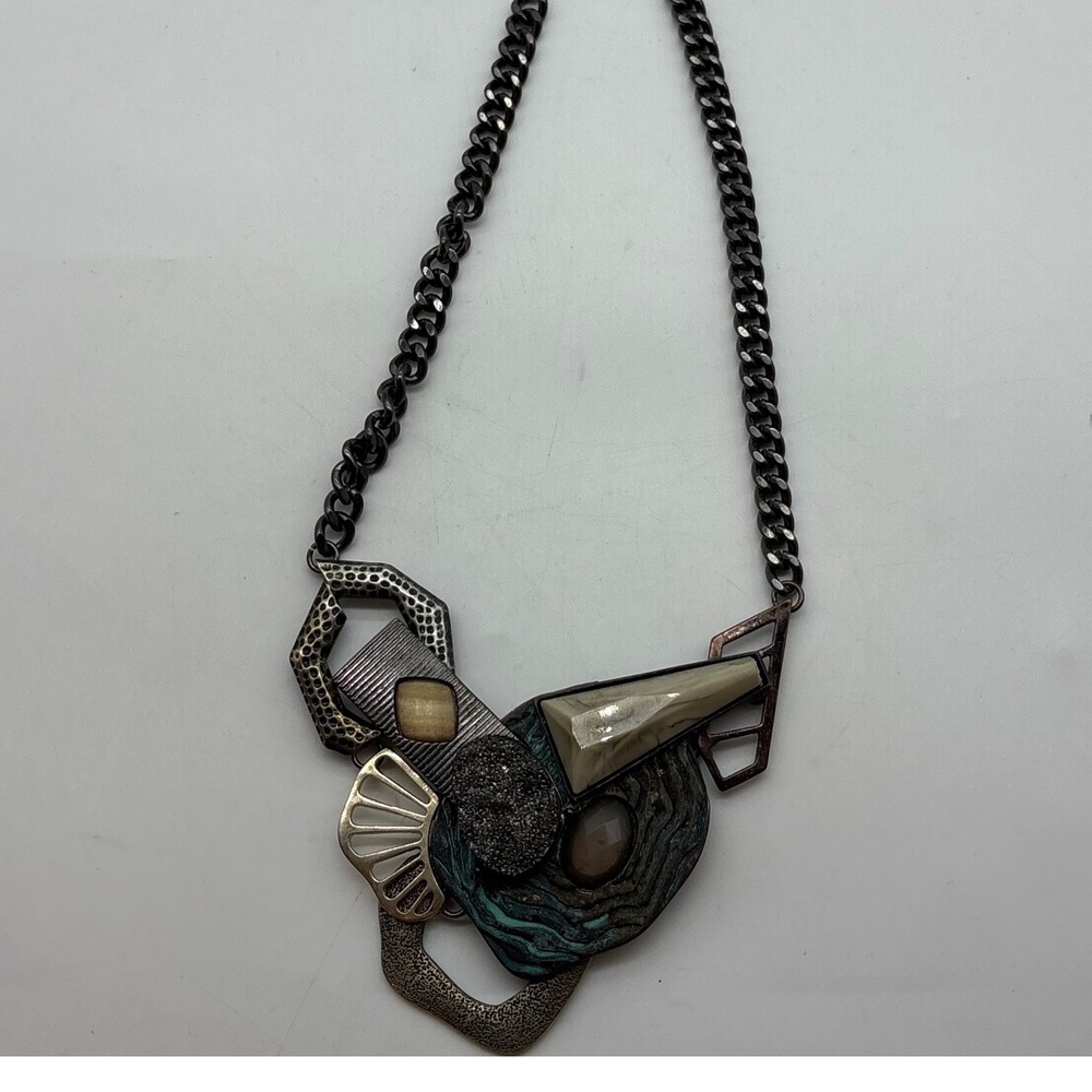 Vintage Unique Statement‎ Necklace Oxidized Silver Turquoise Color Stone Accents
